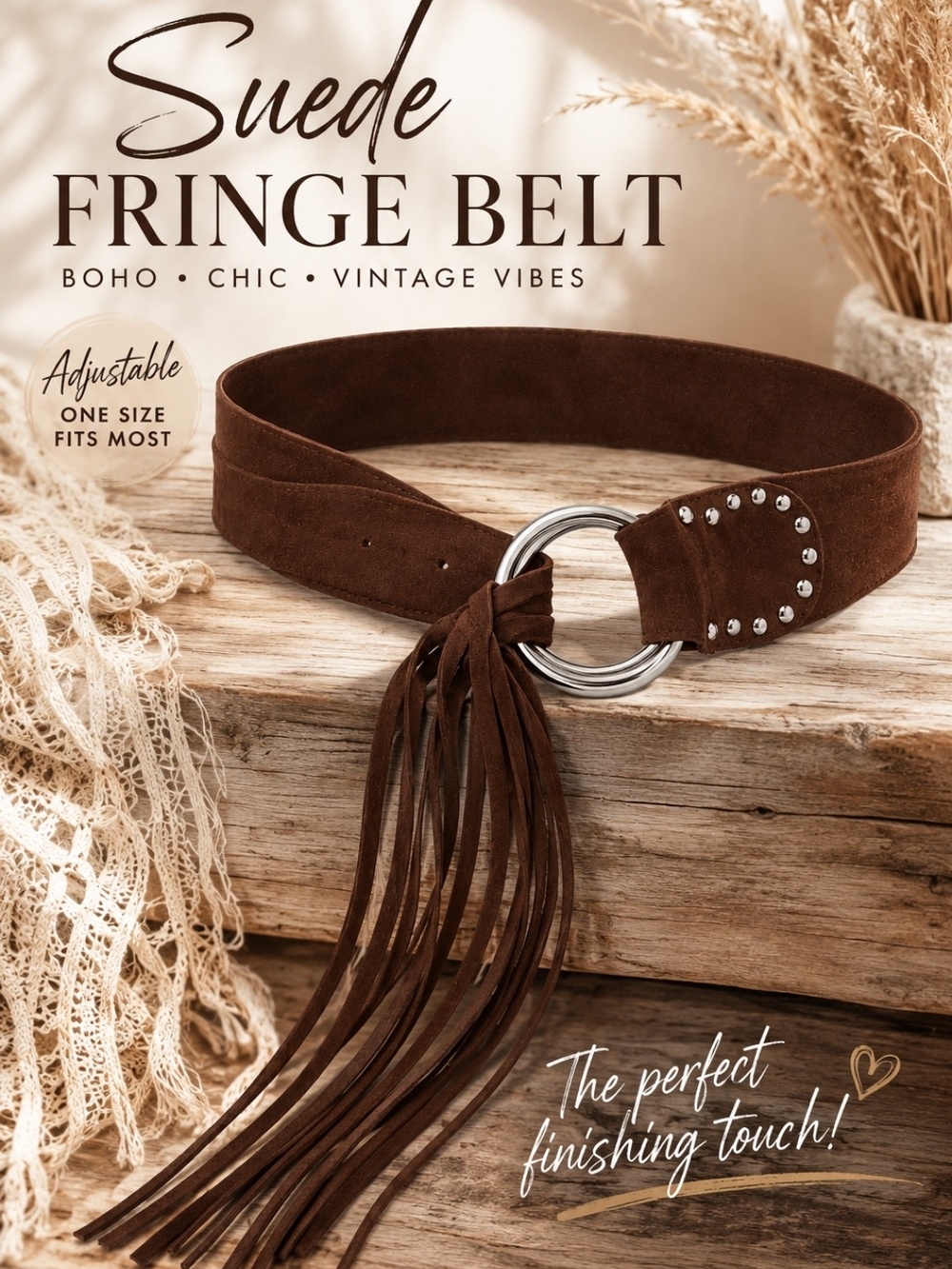Faux Suede Fringe Belt - Brown Faux Suede Boho Belt